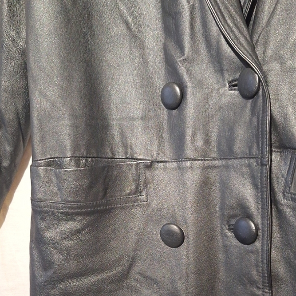 Vintage Black Leather Coat, Long Double Breasted, Worthington, Sz 4 NWOT - Picture 6 of 12